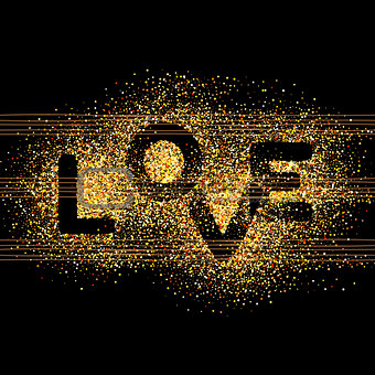 LOVE, gold letters. Elegant vector background illustration with golden glitter texture.