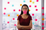 Busy Person Holds Sticky Note On Mouth With Emoticon