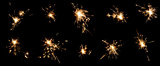 A few frames of the burning Bengal fire with sparks on black background. Closeup. Isolation. Set.