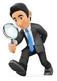 3D Businessman looking through a magnifying glass