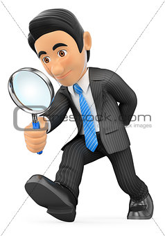 3D Businessman looking through a magnifying glass