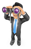 3D Businessman looking through binoculars. Visionary