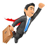 3D Super businessman flying with cape and briefcase