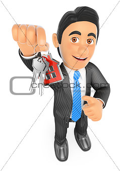 3D Estate agent handing over the keys of a new house