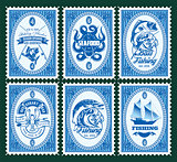 set template of stamps with elements fishing, seafood
