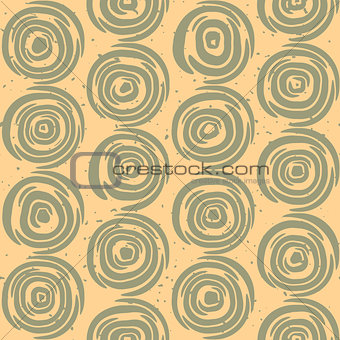 Vector Seamless Hand Drawn Geometric Lines Circular Round Tiles Retro Grungy Green and Tan Color Pattern
