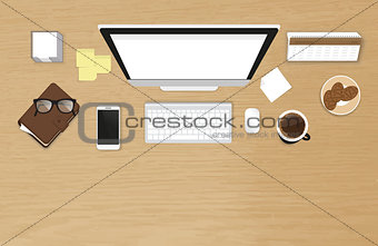 Realistic work desk organization top view with textured table