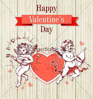 Two cupids and red heart