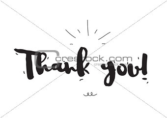 Thank you. Greeting card with calligraphy. Hand drawn design elements. Black and white.