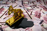 Gold Pumpjack And Spilled Oil On Saudi Riyals