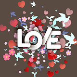 Love white Word with flowers, hearts and birds.