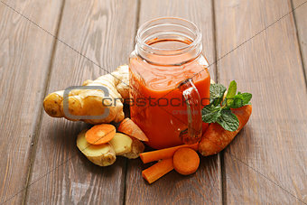Fresh carrot juice (smoothies) in a glass jar, healthy food