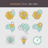 Flat line brainwork icons set