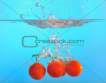 red tomatoes dropped into water