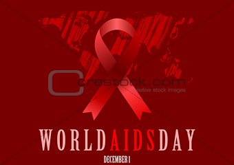 World Aids Day with red ribbon and grunge map