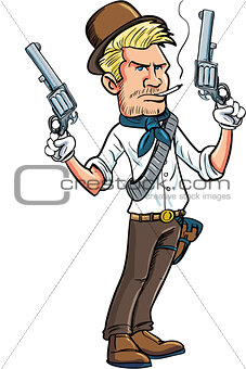 Cartoon cowboy character with two six guns