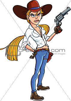 Cartoon cowgirl with gun and long hair