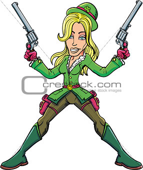 Cartoon Irish cowgirl with six guns