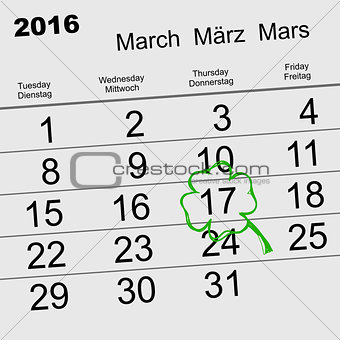 Saint Patricks Day. Calendar 2016 March 17