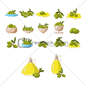 Olives icons set with tree oil branch leaf isolated vector