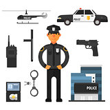 Policeman, police department Flat style. Elements for infographic