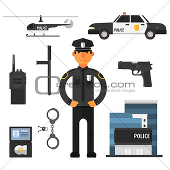 Policeman, police department Flat style. Elements for infographic