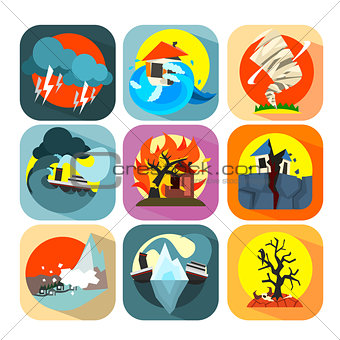 Natural disaster catastrophe and crisis flat set vector
