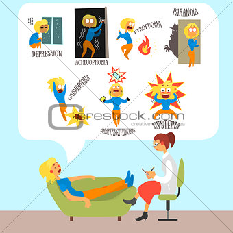 Psychotherapist with Lying Patient Discussing Phobia. Vector Illustration