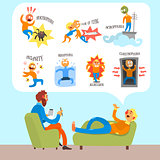 Psychotherapist with Lying Patient Discussing Phobia. Simple Vector Illustration