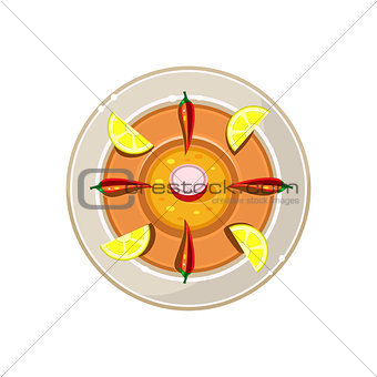 Pie with Pepper and Lemon Served Food. Vector Illustration