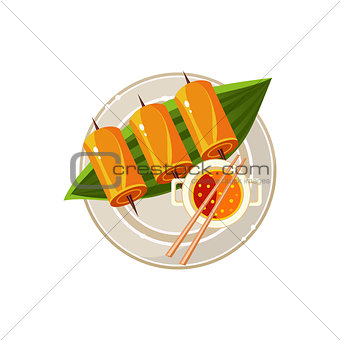 Fish Rolls and Soup on a Plam Served Food. Vector Illustration