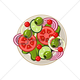 Salad of Sliced Vegetables Served Food. Vector Illustration