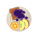 Sliced Fruit and Toast with Jam. Breakfast Served Food. Vector Illustration