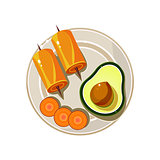 Avocado, Rolls and Carrot Served Food. Vector Illustration