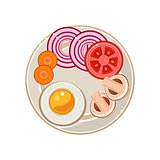 Served Breakfast with Fried Egg and Vegetables. Vector Illustration