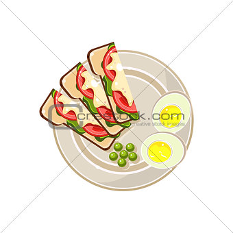 Morning Hot Sandwiches and Eggs Served Food. Vector Illustration