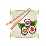 Sushi with Caviar and Sticks Served Food. Vector Illustration