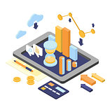 Flat 3d isometric business finance analytics, chart graphic report on tablet web infographic concept
