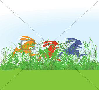 Racing rabbits in the meadow