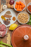 Ingredients for a Moroccan dish with lamb and vegetables