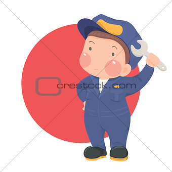 Service Worker in Work wear with Wrench on Red Circle Background