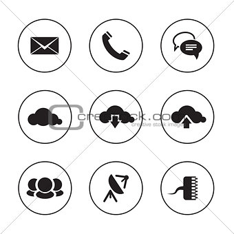 Communication icons on black and white backdrops