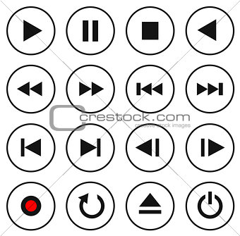 Black and white multimedia control button/icon set