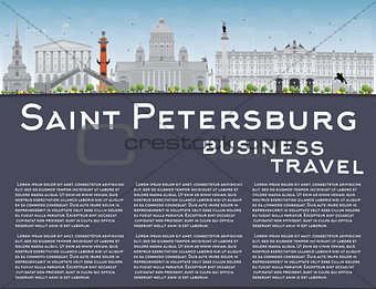 Saint Petersburg skyline with grey landmarks and copy space. 