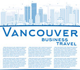 Outline Vancouver skyline with blue buildings and copy space.