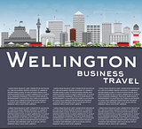 Wellington skyline with grey buildings, blue sky and copy space.