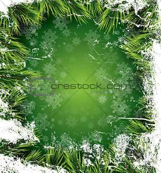 Christmas card with white snowflakes on green background.