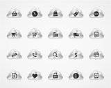 Set of shopping icons on metallic clouds