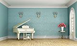 Music room with white grand piano