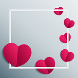 Background with paper hearts in white frame. Vector with heart stickers.
